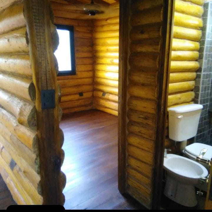 Baño integrado en cabaña de tronco con sanitarios modernos